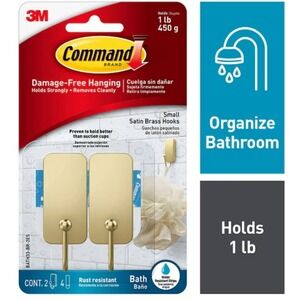 3PACK Command Satin Brass Hooks 2 Hooks 4 Water Resistant Strips Holds 1 lb